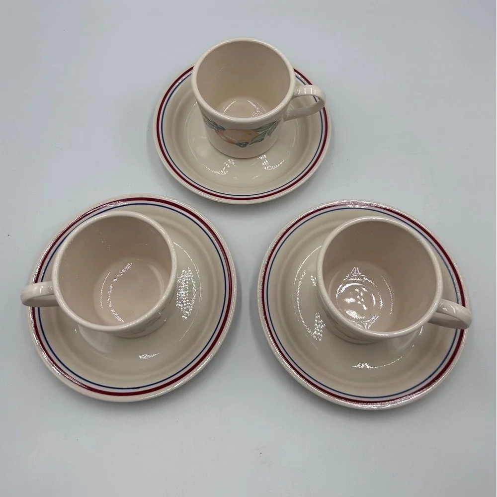Corelle Corning Autumn Harvest Tea Cup Saucer Set 3 Fruit Peach Berry Stoneware